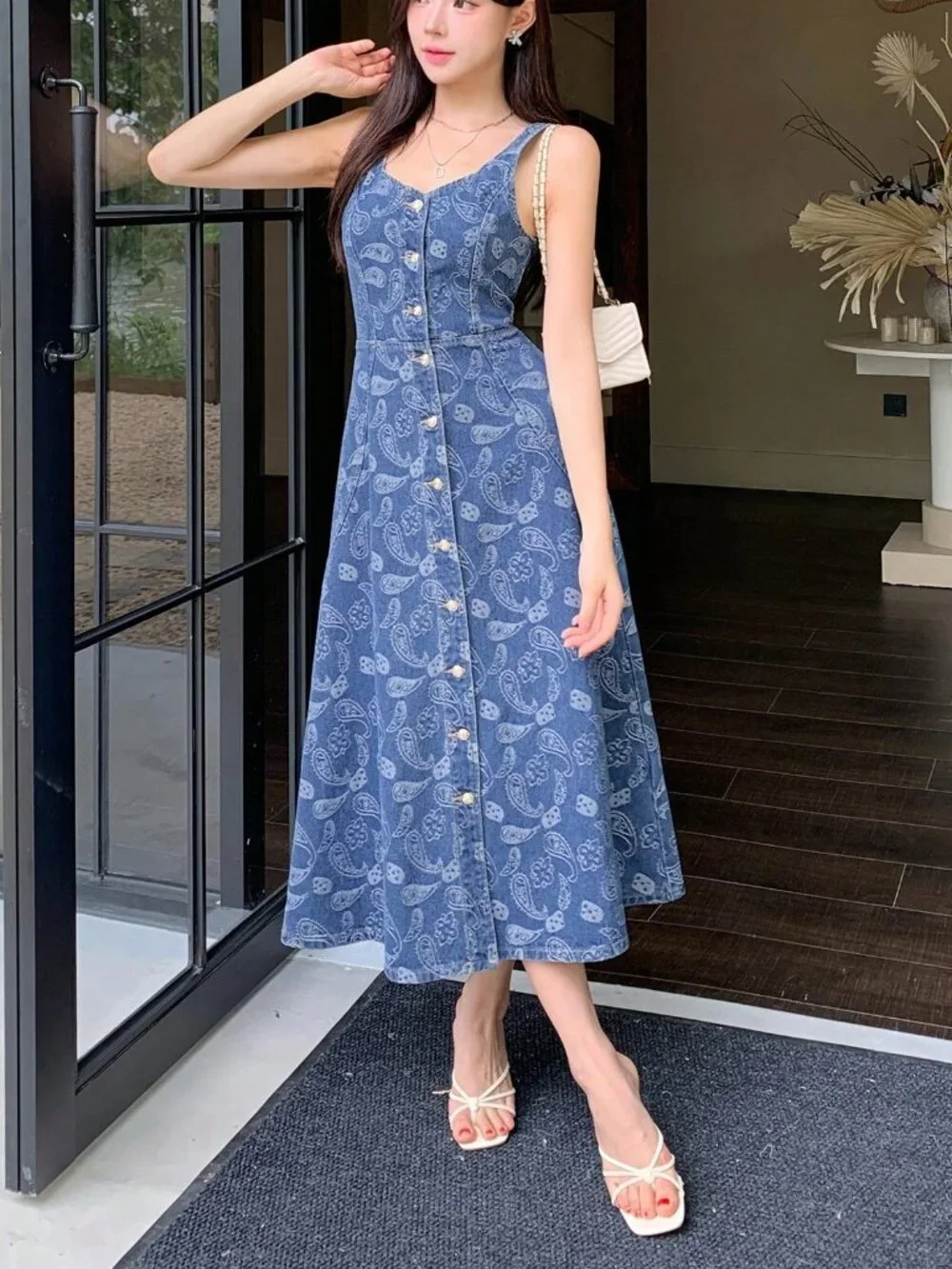 Medium Wash Boho Women's Denim Jacquard midi Dress - Picture 6 of 7